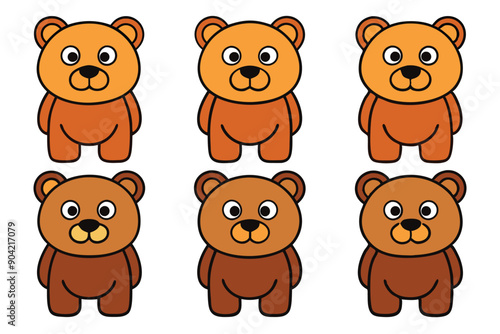 Six Brown Cartoon Bears with Big Eyes