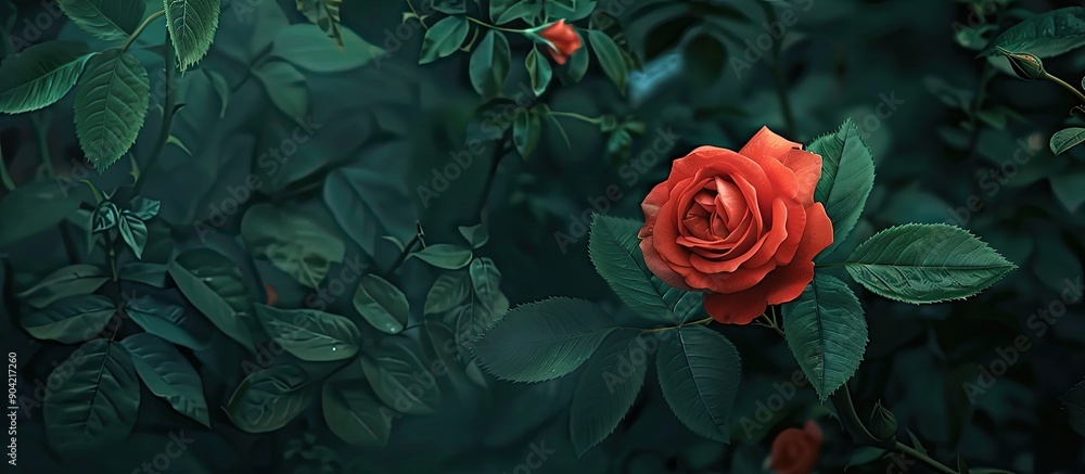 Red coral rose stands out against greenery in a desktop wallpaper with copy space image Red coral rose stands out against greenery in a desktop wallpaper with copy space image
