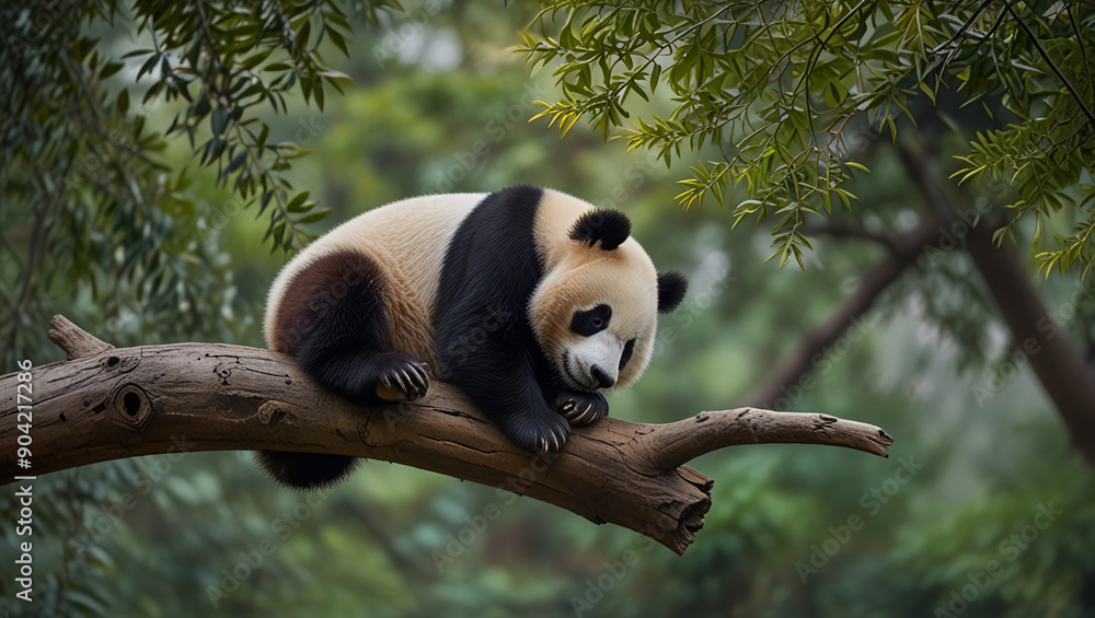 Obraz premium Lazy Panda Bear Sleeping on a Tree Branch
