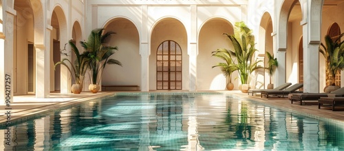 A vacant Moroccan style luxury hotel with an empty swimming pool ideal for a travel holiday concept showcasing copy space