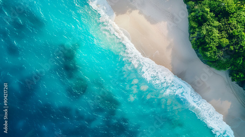 Birds Eye View of Serene Tropical Beach with Turquoise Water and Lush Greenery, Perfect Summer Vacation Destination, Blue Ocean Waves Gently Hitting Sandy Shoreline, Relaxation and Recreation