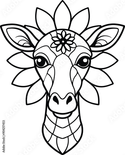 Kids Giraffe Coloring Page Minimalist Line Art with Geometric Flower Mandala