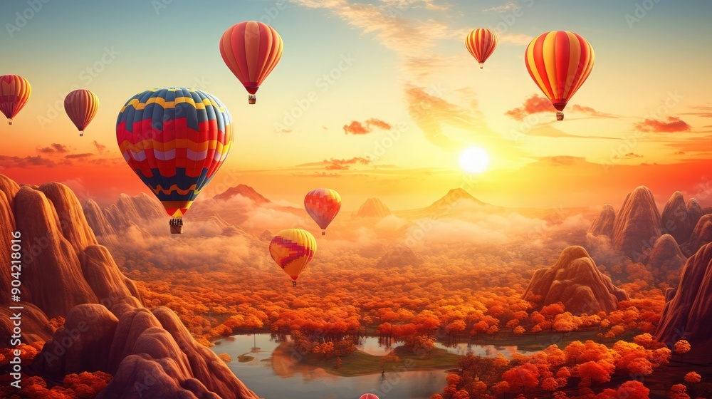 Obraz premium Sunrise with hot air balloons over a beautiful landscape, vibrant and dreamy, AI-enhanced, digital illustration, scenic travel destination