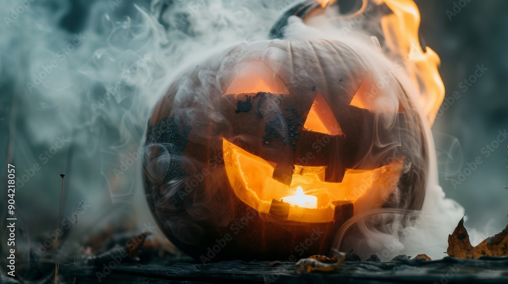 Fototapeta premium halloween pumpkin with white smoke