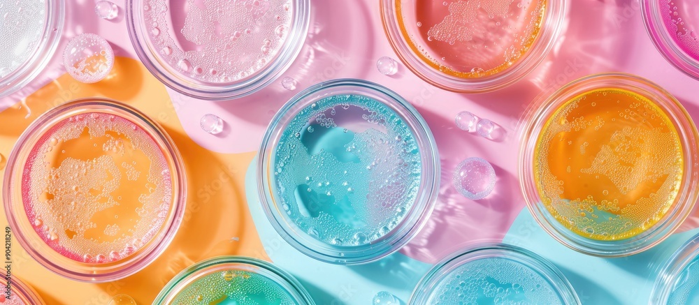 Petri dishes with cosmetic gel samples on a colorful backdrop providing a copy space image Emphasizing bio science research biochemistry and organic skin care Petri dishes with cosmetic gel samples on a colorful backdrop providing a copy space image Emphasizing bio science research biochemistry and organic skin care