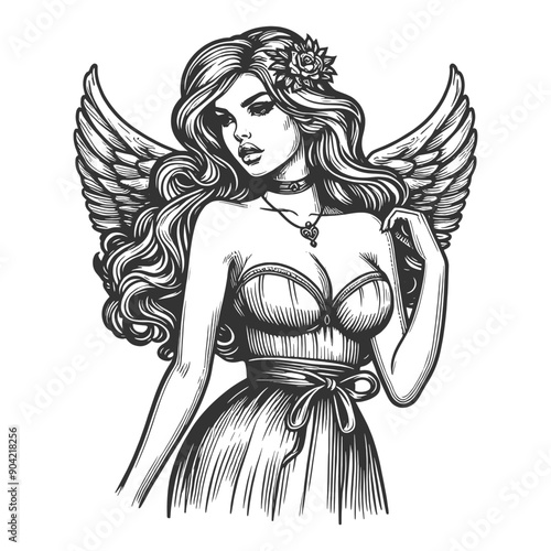 pin-up style angel sexy woman, featuring detailed wings and an elegant pose sketch engraving generative ai fictional character vector illustration. Scratch board imitation. Black and white image.