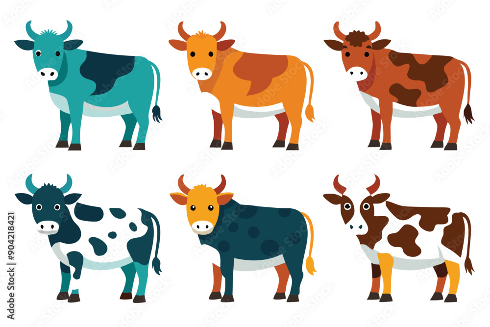 Six Cartoon Cows with Different Colored Spots and Patterns Six Cartoon Cows with Different Colored Spots and Patterns