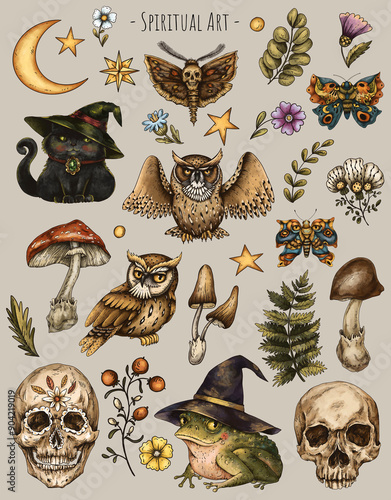 Vintage Spiritual Art, Animals and Flowers, Witchcraft Magic Illustration