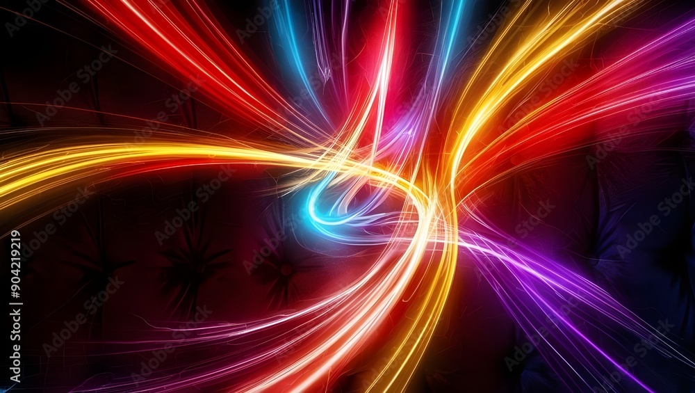 Red, blue, yellow, and purple streaks of vivid abstract light dancing over a black background Red, blue, yellow, and purple streaks of vivid abstract light dancing over a black background