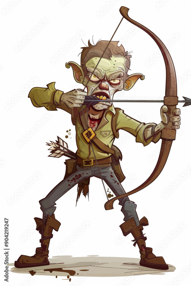 A cartoonish character with a bow and arrow is standing in a field A cartoonish character with a bow and arrow is standing in a field