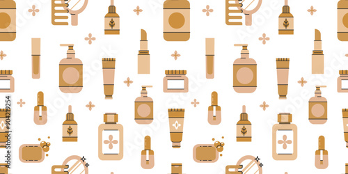 Seamless pattern of makeup beauty cosmetic elements,cream bottle, nail product, brush and ect. Make-up element illustration for wallpaper, background, textile. Vector illustration EPS 10