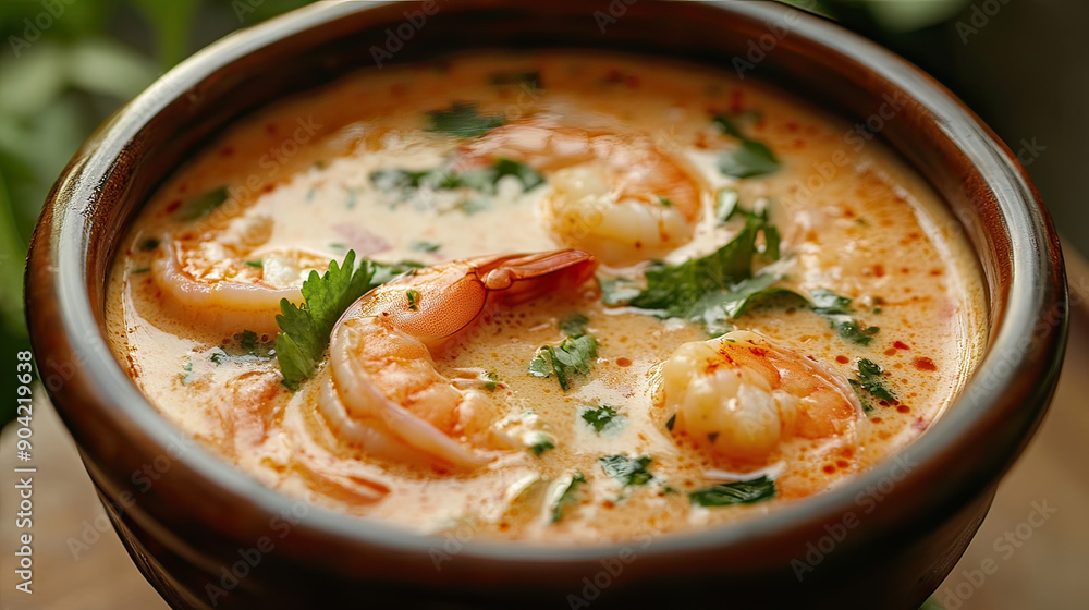 Creamy Tom Yum Goong,spicy prawn soup (Thai Food).
Creamy Tom Yum Goong,spicy prawn soup (Thai Food).
