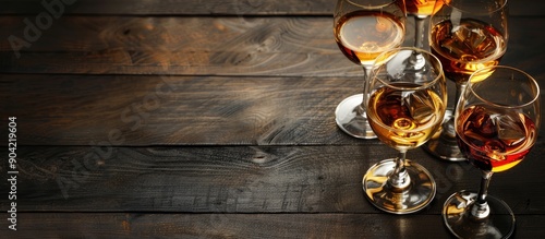 Various delectable liqueurs displayed in glasses on a dark wooden surface with available copy space image photo