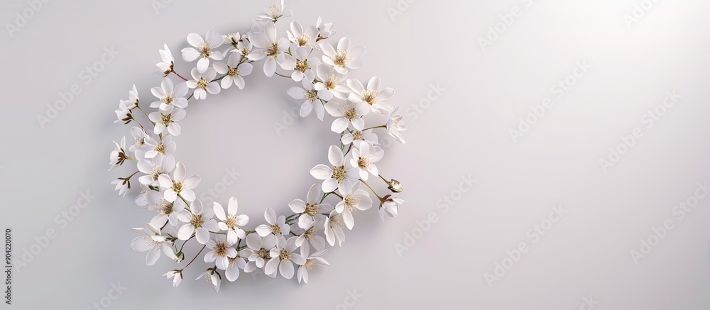 White flower wreath on a white background with ample space for text ideal for wedding and holiday themes Copy space image included White flower wreath on a white background with ample space for text ideal for wedding and holiday themes Copy space image included