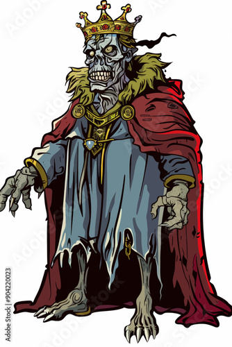 A skeleton wearing a crown and a red robe