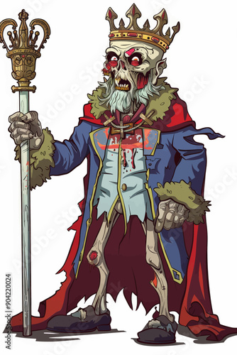 A zombie king is holding a staff and wearing a crown