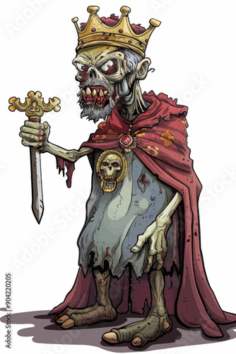 A creepy zombie king holding a sword and a crown