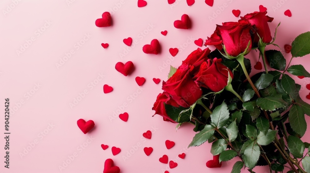 A stunning arrangement of vibrant red roses paired with heartshaped confetti on a soft pink background A stunning arrangement of vibrant red roses paired with heartshaped confetti on a soft pink background