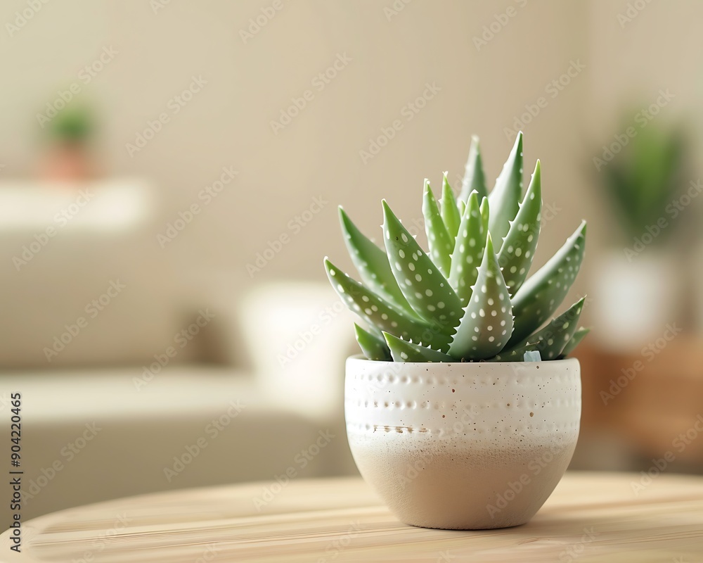 Close-up of air freshener, blurred living room, beige and white, wooden table, Aloe smash bottle, succulent, bokeh effect, minimalistic. Close-up of air freshener, blurred living room, beige and white, wooden table, Aloe smash bottle, succulent, bokeh effect, minimalistic.