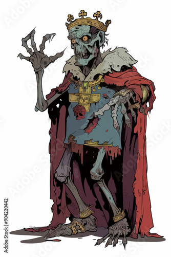 A skeleton wearing a crown and a red robe