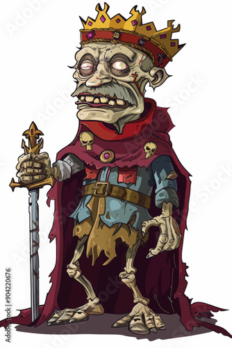 A creepy skeleton wearing a crown and holding a sword