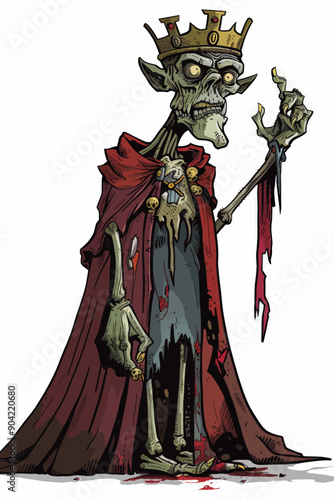 A creepy skeleton wearing a crown and a red robe