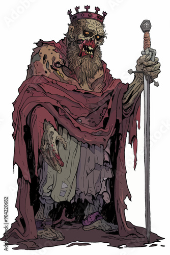 A zombie king is holding a sword and wearing a red robe