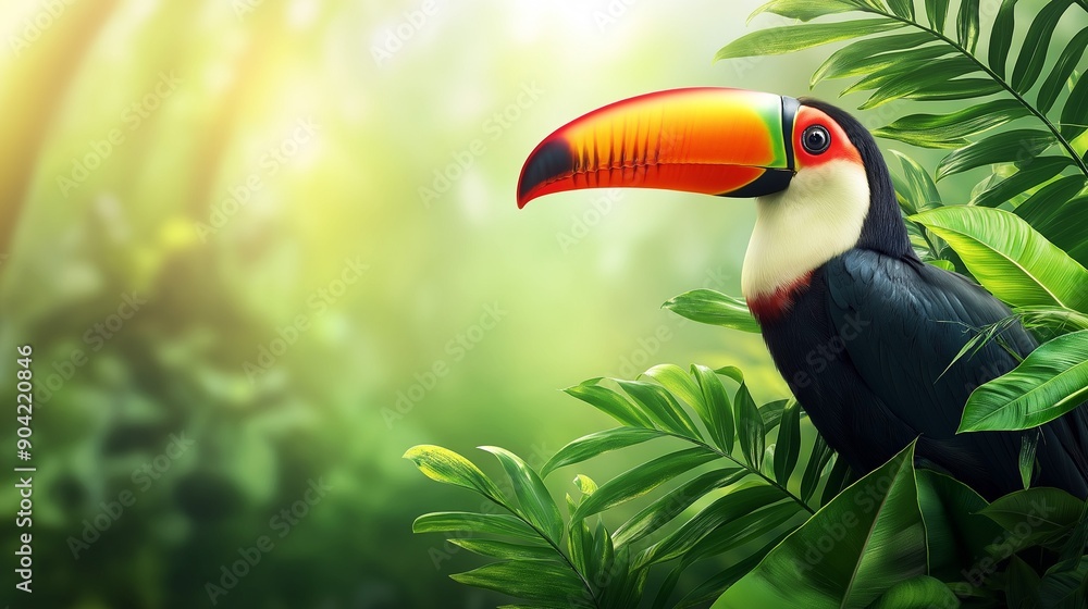 Obraz premium A toucan with its vibrant beak adds a pop of color to the lush green canopy