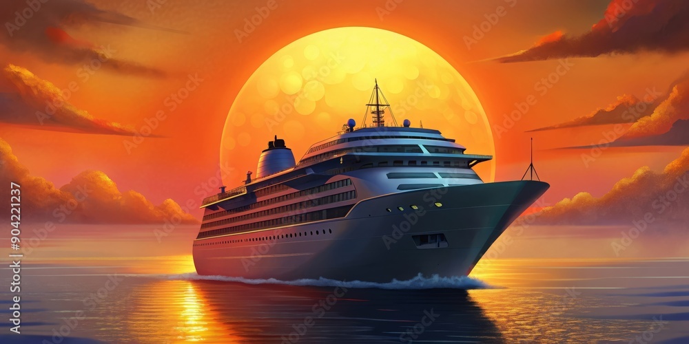 A big cruise lines with a setting sun in background. A big cruise lines with a setting sun in background.