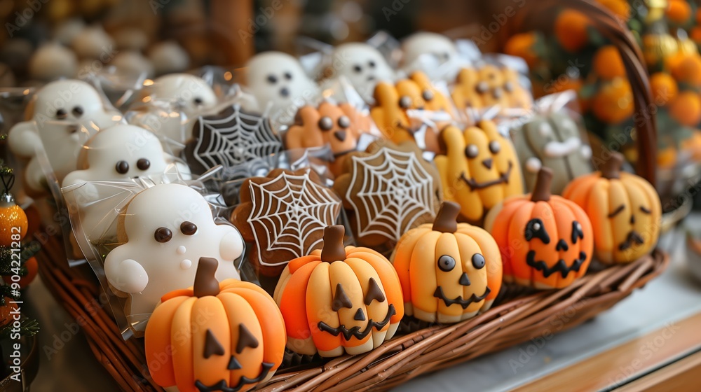 Happy Halloween day with funny cookies set in basket on table background. Trick or Threat, Festive party and holiday concept Happy Halloween day with funny cookies set in basket on table background. Trick or Threat, Festive party and holiday concept