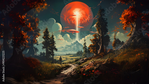 Starship rocket blasting off, from a strange alien sky. Retro futuristic illustration in 80s style. Unexplored new world. Fantastic landscape.