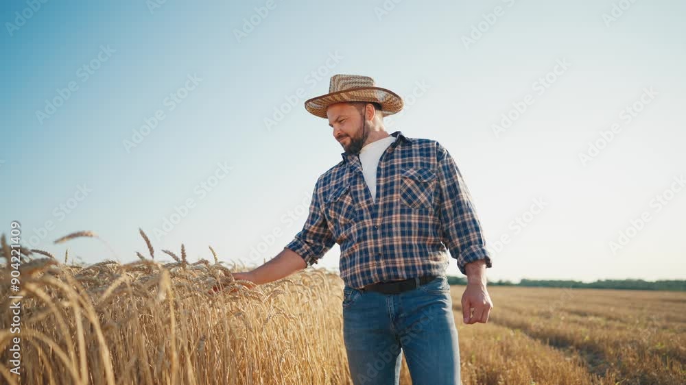 Successful farmer viewing his agricultural field with golden ripe wheat or rye. Portrait of middle-aged agro businessman, stroking ears of cereals, admiring beauty of nature, organic farming concept Successful farmer viewing his agricultural field with golden ripe wheat or rye. Portrait of middle-aged agro businessman, stroking ears of cereals, admiring beauty of nature, organic farming concept