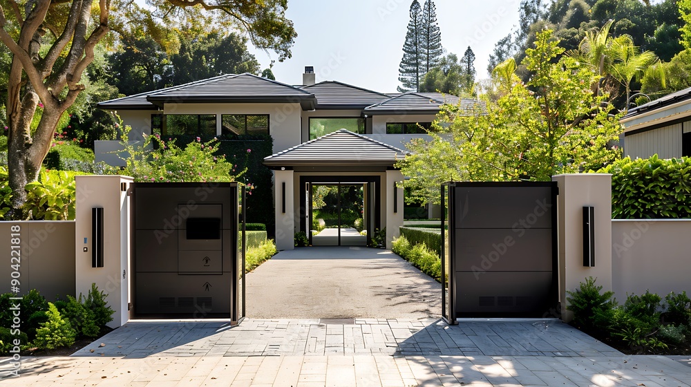 An automated driveway fence gate and contemporary single family home with garage