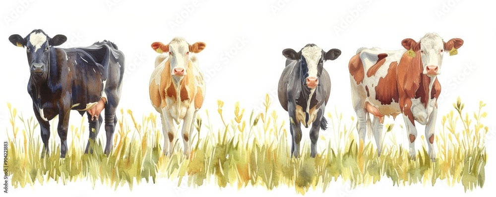 Fototapeta premium Cattle breeds, agricultural awareness, farm exploration, Watercolor style