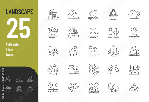 Landscape line Editable Icons set. Vector illustration in modern thin line style of nature related icons: sea, lake, river, forest, and more. Pictograms and infographics
