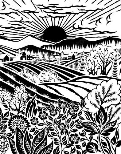 Rolling hills, fields and farm or vineyards background illustration. Wild flowers, plants in foreground. Forests, mountains in background. In intage retro woodcut or lino print or linoleum cut style
