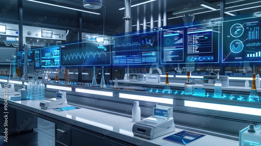 A sleek, modern diagnostic lab with AI systems analyzing various medical samples and providing detailed feedback on digital screens. A sleek, modern diagnostic lab with AI systems analyzing various medical samples and providing detailed feedback on digital screens.
