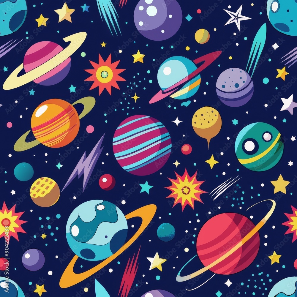 Immerse in the vibrant beauty of outer space, adorned with planets and a rocket. Seamless pattern. Immerse in the vibrant beauty of outer space, adorned with planets and a rocket. Seamless pattern.