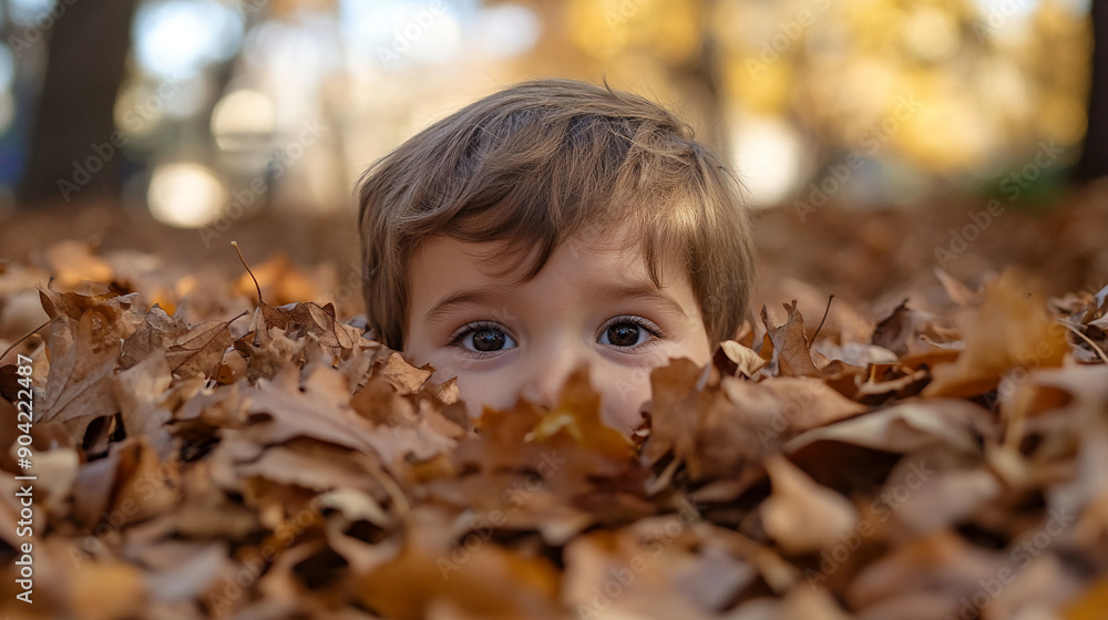 Boy playing in a leaf pile Boy playing in a leaf pile