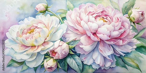 Watercolor background with white peony