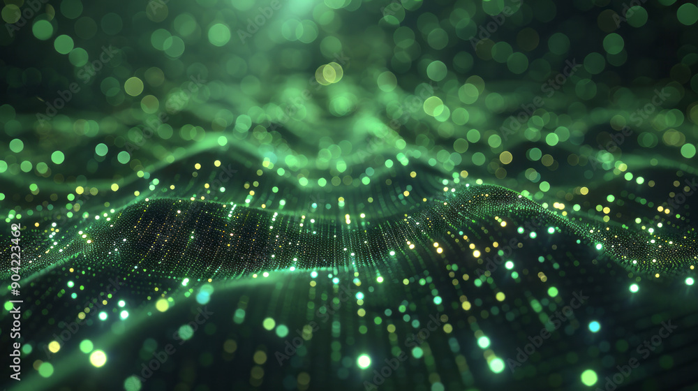 An abstract digital wave of glowing green particles flowing across a dark background, creating a sense of motion and energy. Suitable for technology, data visualization, or futuristic content An abstract digital wave of glowing green particles flowing across a dark background, creating a sense of motion and energy. Suitable for technology, data visualization, or futuristic content