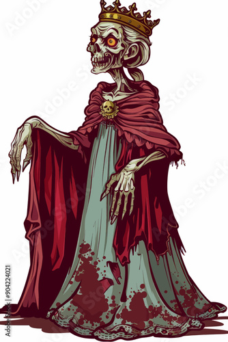 A skeleton dressed in a red gown and crown