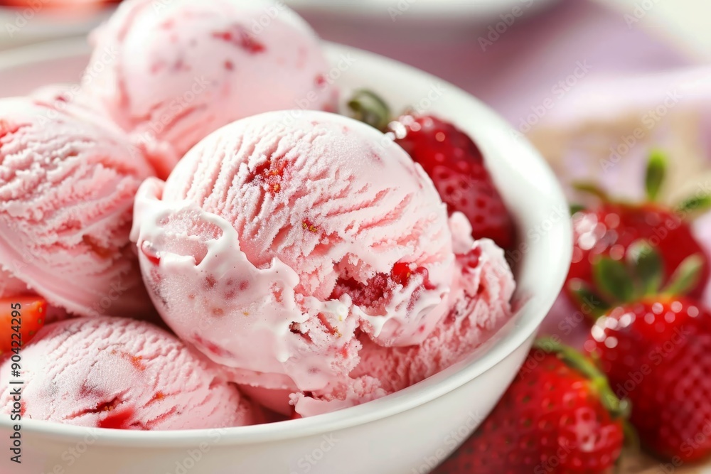 A tempting bowl of creamy, vegan strawberry ice cream, packed with fresh strawberry pieces for a refreshing treat A tempting bowl of creamy, vegan strawberry ice cream, packed with fresh strawberry pieces for a refreshing treat