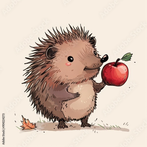 A cute clip-art style drawing of a brown hedgehog carrying an apple on its spikes, photo