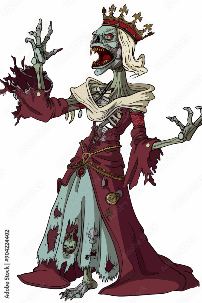 Fototapeta premium A zombie woman in a red dress with a crown on her head