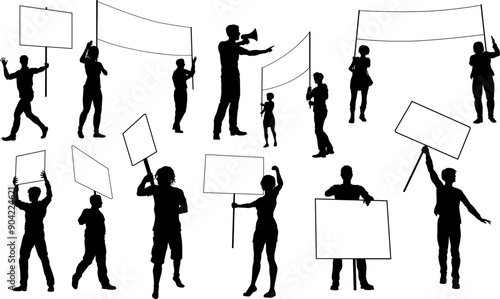 Protestors or demonstrators men and women. At a demonstration march, picketing line or strike protest rally in silhouette. Holding banners, picket signs and megaphone or mega phone.