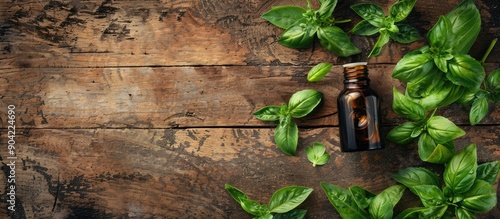 Aroma oil from basil essential oil and fresh leaves on a textured wooden backdrop ideal for aromatherapy and alternative medicine Area for text with a copy space image