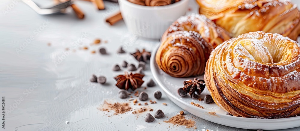 Fototapeta premium Brighten your recipe article or commercial use with a pan au chocolat pastry displayed on a white table creating an ideal copy space image
