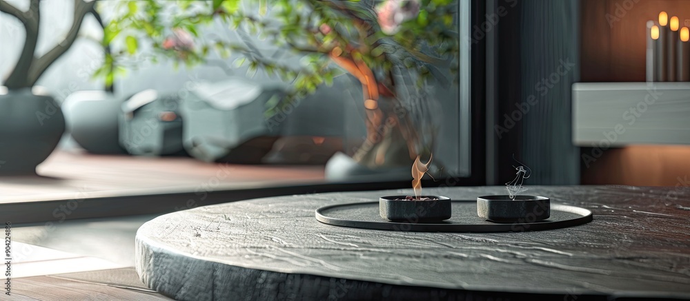 Fototapeta premium Furniture and ashtrays on a table with copy space image