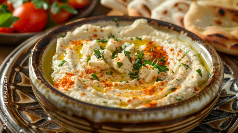 Middle Eastern mezze platter with hummus, baba ganoush, and pita bread. Middle Eastern mezze platter with hummus, baba ganoush, and pita bread.